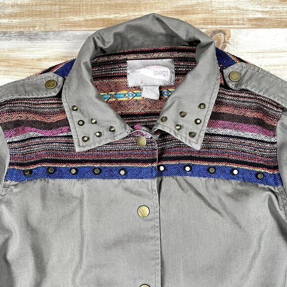 Love 21 Brown Canvas Light Weight Jacket Shacket Colorful Stitching Size Medium - Picture 5 of 5